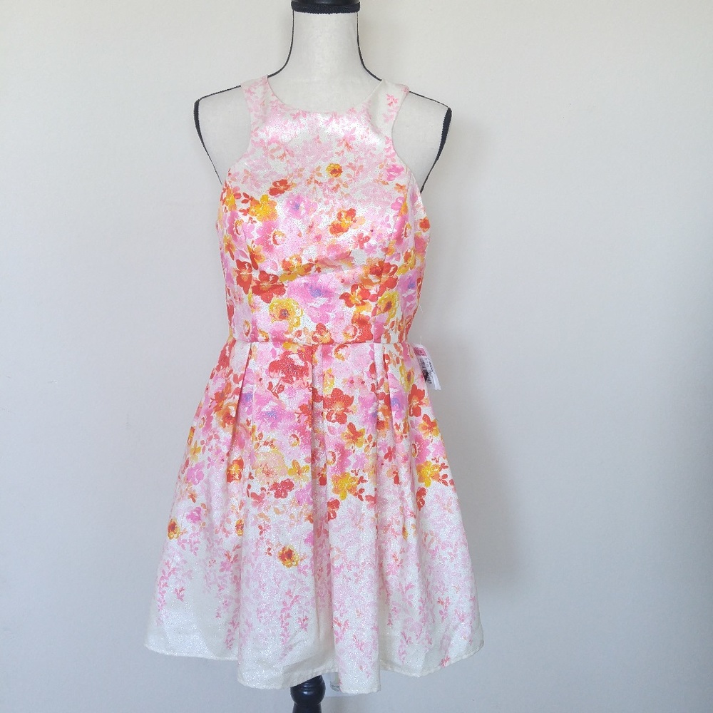 Teeze Me Floral Fit-And-Flare  Coral Glitter Dress